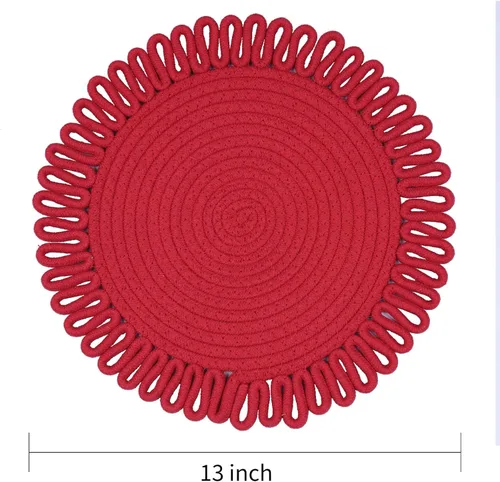 Miniatura 2 de AHHFSMEI Juego de manteles individuales redondos tejidos a mano de jacinto de agua natural de jacinto de agua tejido a mano para mesa de comedor Rojo