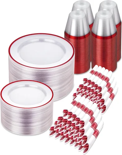 Miniatura 10 de BESTSTAR Juego de 175 platos desechables transparentes y negros para 25 invitados, 50 platos de plástico, 25 vasos, 25 servilletas preenrolladas