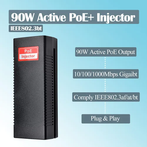 Miniatura 2 de Revotech Gigabit 90W PoE++ Inyector 54-56V Adaptador, 10/100/1000Base-T IEEE 802.3bt PoE POE Activo Estándar, Plug and Play para Puntos de Acceso