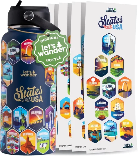 Miniatura 8 de LET'S WANDER Lets Wander 50 States - Botella de agua con calcomanías impermeables, acero inoxidable aislado a prueba de fugas de 32 onzas