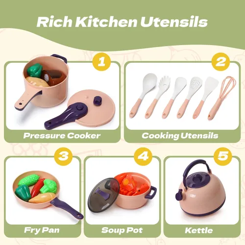 Miniatura 7 de CUTE STONE - Juego de 51 piezas de accesorios de cocina en miniatura para niños, juego de cocina de imitación con ollas, sartenes, utensilios