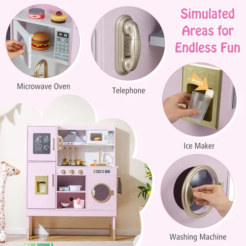 Miniatura 4 de HONEY JOY Juego de cocina para niños, cocina de madera para niños pequeños, microondas, utensilios de cocina, lavadora, campana extractora, juego