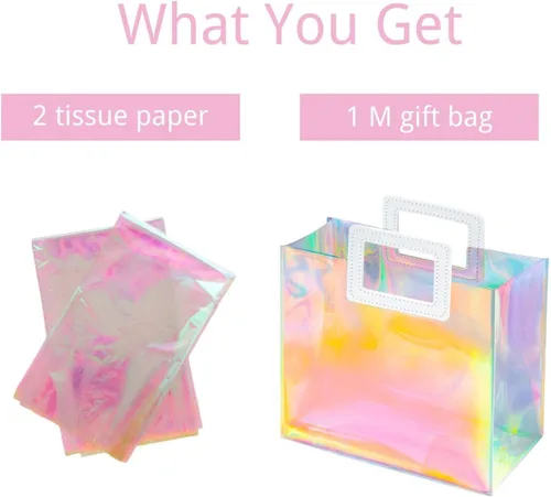 Miniatura 5 de Bolsa de regalo holográfica mediana con papel de seda, reutilizable, bolsa de regalo de cumpleaños para mujeres y niñas, iridiscente, despedida de M
