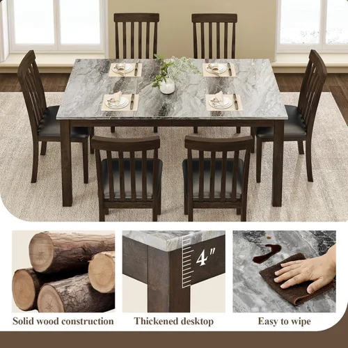 Miniatura 4 de LUXOAK Juego de mesa de comedor de madera maciza de 71 pulgadas, mesa de cocina de mármol sintético con 6 sillas, respaldos curvados y asientos