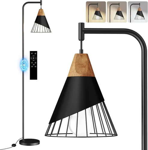 Miniatura 8 de Lámpara de pie industrial de 67" con pantalla de madera y metal negro, lámpara de pie moderna, lámpara alta rústica de estilo granja para sala