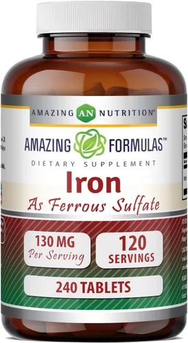 Amazing Formulas Hierro como suplemento de sulfato ferroso | 130 mg por porción | 240 tabletas | Sin OMG | Sin gluten | Fabricado en Estados Unidos