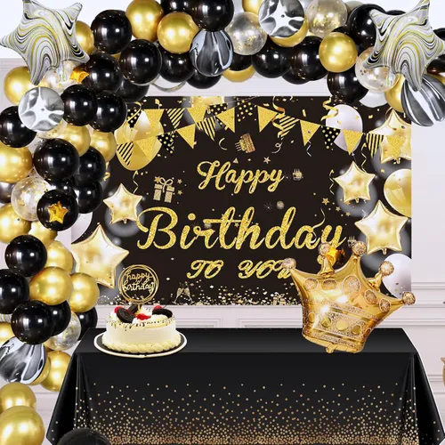 Decoraciones de cumpleaños doradas y negras – Cartel feliz, guirnalda de arco de globos para hombres, mujeres, niñas, dulces 16, 21, 30, 40, 50,
