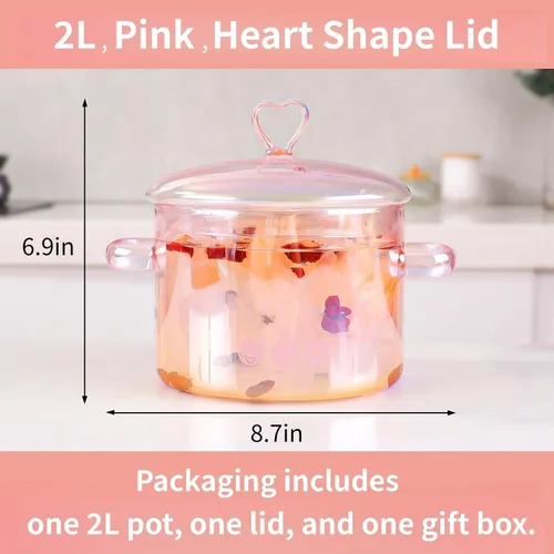 Miniatura 4 de Olla a fuego lento de vidrio rosa de 2 L, tapa en forma de corazón, resistente al calor, sin BPA 67.6 fl oz/2.2Qt/68oz, no tóxico, horno, gas