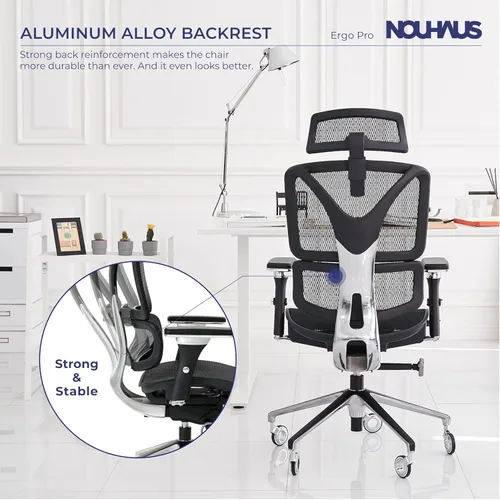 Miniatura 4 de Nouhaus Silla ergonómica de oficina con respaldo lumbar de aleación de aluminio, respaldo alto, silla de escritorio de computadora con reposacabezas
