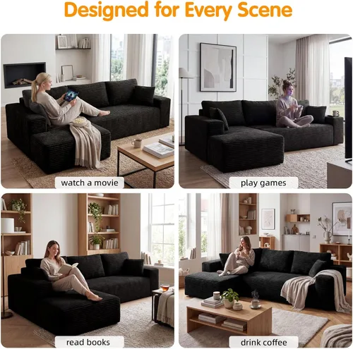 Miniatura 6 de Sofá seccional Cloud de 104 pulgadas con diván en forma de L, moderno sofá modular seccional de pana, sofás sin hueso para sala de estar y Negro
