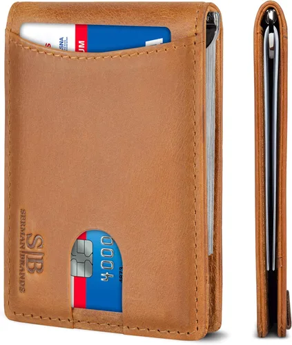 Miniatura 66 de SERMAN BRANDS - Billetera sencilla de cuero genuino con bloqueo RFID para hombre, billetera delgada con bolsillo frontal y clip para dinero