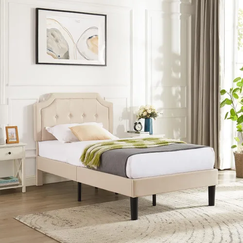 Miniatura 4 de VECELO Base de cama de plataforma de tamaño individual con cabecera tapizada de tela y soporte de listones de madera, no necesita somier/fácil Beige
