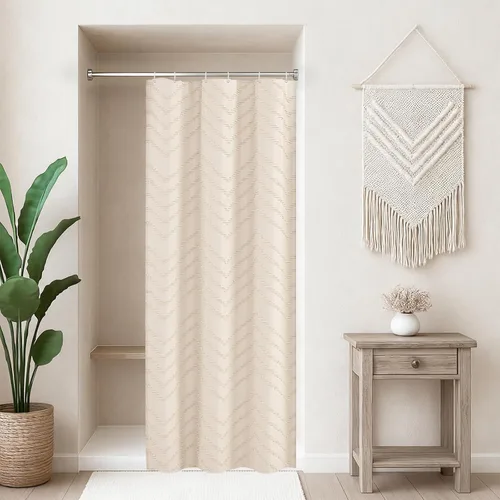 Miniatura 18 de Cortina de ducha bohemia beige de 72 x 72 pulgadas, moderna cortina de ducha estilo granja, bohemio, elegante, con textura de cheurón, cortinas