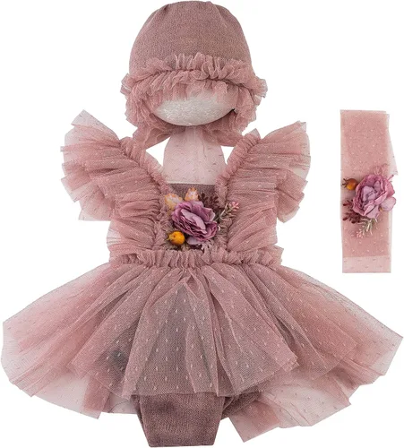 Miniatura 10 de Zeroest Conjunto de Accesorios para Fotografía de Recién Nacidos, Juego de Vestido de Encaje para Niña, Traje para Sesión de Fotos de Bebé Niña