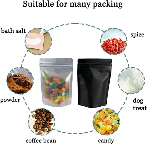 Miniatura 5 de PABCK 50 bolsas resellables de Mylar color negro, bolsas autosellables para almacenamiento de alimentos, dulces y café, bolsas de plástico