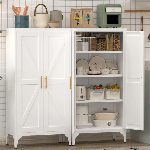 Armario de almacenamiento de metal de 47 pulgadas de alto, gabinetes de almacenamiento de cocina con puertas y estantes, armario de metal blanco