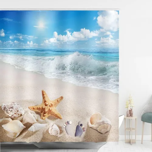Seashell - Cortina de ducha de playa con estrellas de mar y cielo azul, decoración de baño, 72 x 72 pulgadas con ganchos