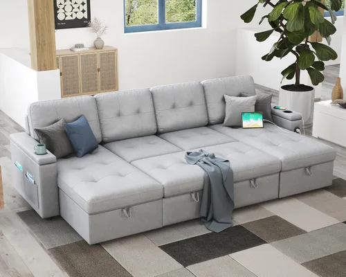 Miniatura 7 de PaPaJet Sofá cama modular de 84 pulgadas, sofá cama extraíble con diván de almacenamiento, sofá cama convertible copetudo con 2 USB y portavasos