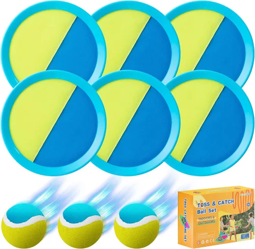 Miniatura 7 de Juegos al aire libre, juego de lanzamiento y pelota con 6 paletas y 3 pelotas, juegos de patio perfectos para niños de 4 a 8 años, regalos de Pascua