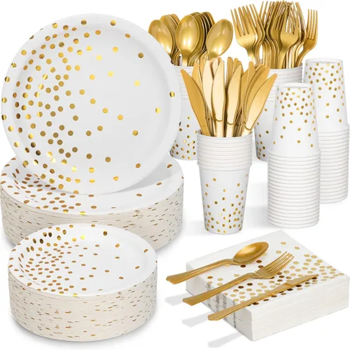 Miniatura 8 de Suministros de fiesta blanco y oro rosa – Juego de vajilla desechable de 350 piezas con platos de papel, servilletas, vasos, tenedores de plástico