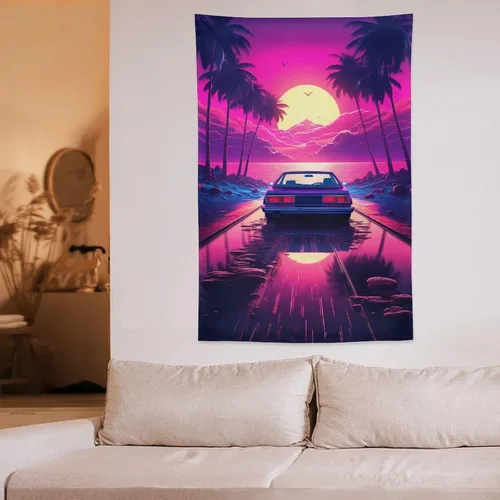 Miniatura 6 de QEOPGNE Synthwave - Tapiz morado para automóvil deportivo de anime, arte de pared de automóvil de carreras de neón, Vaporwave de neón, decoración