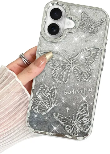 Miniatura 37 de BITOBE Diseñada para iPhone 15 Pro Max, bonita funda de mariposa 3D chapada en purpurina delgada para mujeres y niñas, protección de cámara, Negro