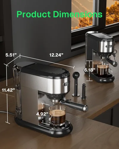 Miniatura 3 de HBN Máquina de café expreso de 20 Bar con espumador de leche, cafetera compacta para café molido, cafetera de acero inoxidable con varilla de vapor