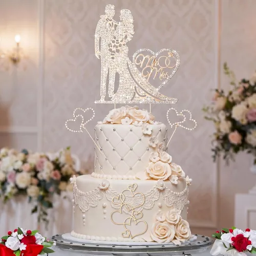 Spiareal 4 piezas Decoración para tarta de boda de señor y señora con diamantes de imitación, novia y novio, corazón de amor, decoración de pastel