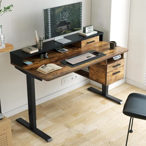 Miniatura 9 de FEZIBO Escritorio de pie de 48 x 24 pulgadas con altura ajustable, escritorio eléctrico de pie con doble cajón, escritorio de oficina en casa con 4