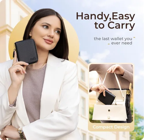 Miniatura 3 de Claasico Cartera Bifold para mujer con bloqueo RFID Cartera de piel auténtica con cremallera y bolsillo para monedas para mujer Elegante soporte