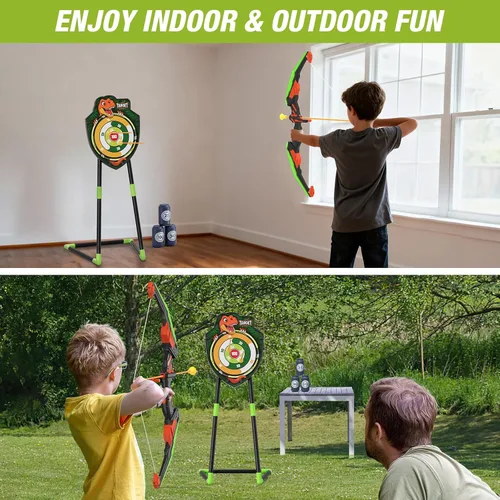Miniatura 7 de HYES Arco y flecha para niños, juego de tiro con arco con luz LED con 12 flechas de ventosa, 1 objetivo de pie, 3 objetivos de puntuación y 1