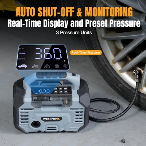 Miniatura 5 de WORKPRO X Inflador de neumáticos Compresor de aire portátil 150PSI - Bomba de aire de coche de batería de 12 V CC y 20 V, 2 modos, apagado