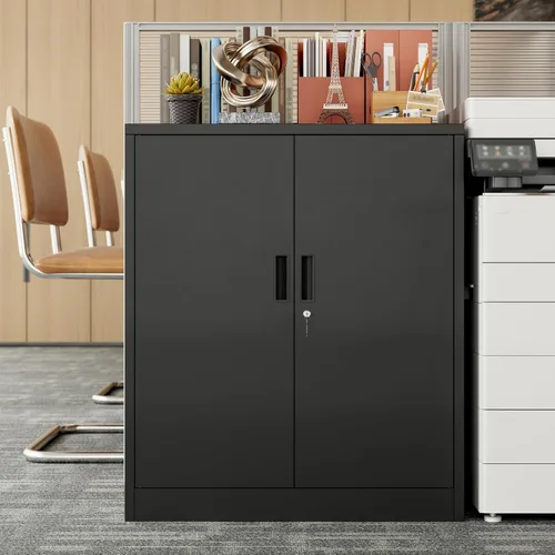 Miniatura 2 de BESFUR Armario de almacenamiento de metal de 36 pulgadas de alto, gabinete de metal negro con 2 puertas con cerradura y 2 estantes ajustables