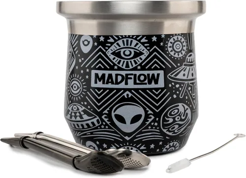 MADFLOW Taza de Yerba Mate. Taza de Mate de Acero Inoxidable con 2 Bombillas. Calabaza de Yerba Mate Aislada al Vacío de Doble Pared. Juego Único de