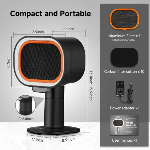 Miniatura 3 de Campana Extractora Portátil - Ventilador de Escape Ajustable de 4 Velocidades con Altura Telescópica e Inclinación de 40°, Bajo Ruido 52dB, Filtro