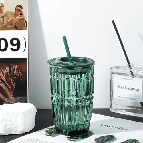 Miniatura 6 de Joeyan Vaso verde de 14.5 onzas con tapa y pajita, tazas de vidrio para café helado a rayas, tarro de té de batido de color, bebidas portátiles