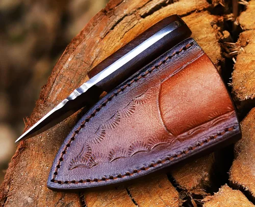 Miniatura 3 de ANCILLA Cuchillo de ciervo de campamento hecho a mano para caza de damasco, hoja fija de espiga completa, mini cuchillo de cuello de vaquero