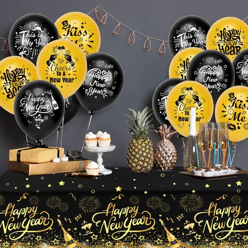 Miniatura 6 de HOWAF Paquete de 3 manteles de decoración de fiesta de Año Nuevo, mantel de feliz año nuevo negro y dorado para suministros de fiesta de Noticias