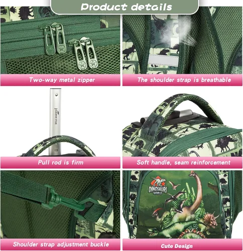 Miniatura 7 de MOHCO Juego de mochila con ruedas de 19 pulgadas con ruedas y bolsa de almuerzo y estuche para lápices, Dinosaur