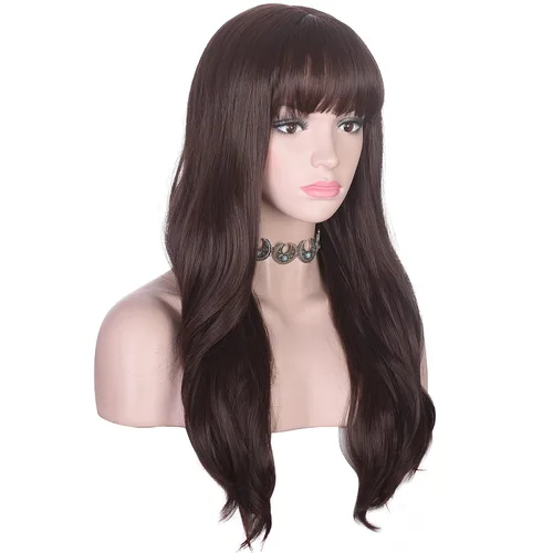 Miniatura 3 de morvally Peluca larga ondulada con flequillo para mujer, cabello sintético moreno, resistente al calor, aspecto natural para uso diario