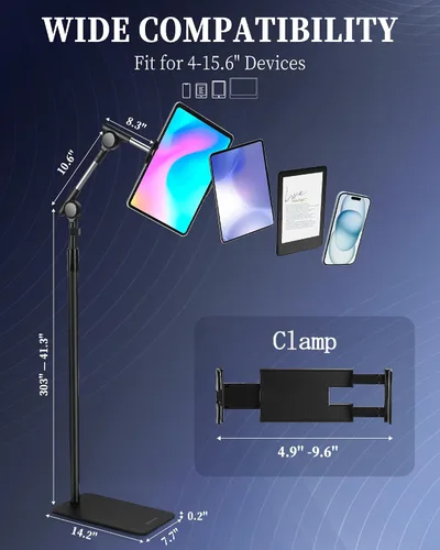 Miniatura 5 de SHUWEI Soporte de suelo para tableta con engranajes helicoidales de doble autobloqueo, soporte de piso para iPad de 63 pulgadas de altura ajustable