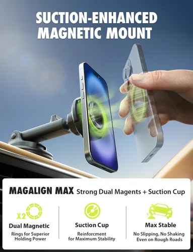 Miniatura 3 de Bracketron MagAlign Max - Soporte magnético para teléfono MagSafe para parabrisas y tablero, soporte magnético de teléfono de succión de vacío 360