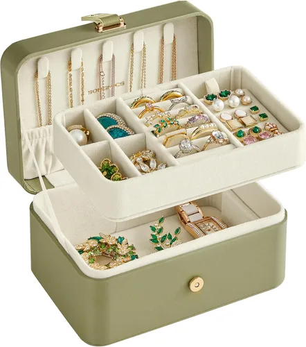 Miniatura 23 de SONGMICS Caja organizadora de joyas, estuche de viaje de 2 capas para aretes, collares, pulseras, almacenamiento portátil de joyas con gran Verde