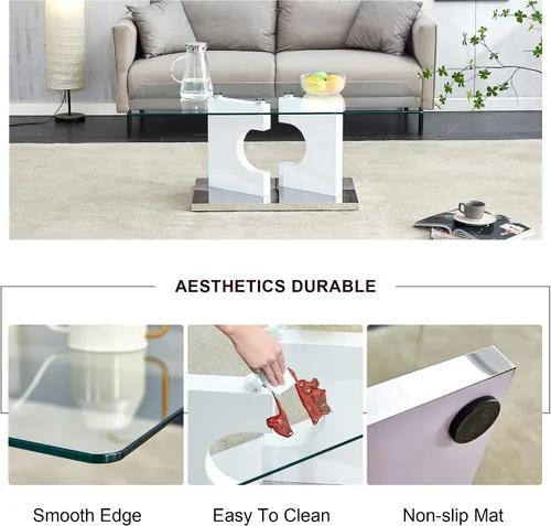 Miniatura 5 de TesNus Mesa de centro rectangular de cristal, mesa de centro moderna de vidrio templado transparente para sala de estar, base lineal blanca