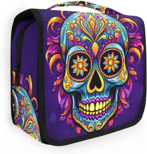 Miniatura 19 de MNSRUU Neceser colgante con diseño de calavera y girasol, bolsa de maquillaje de viaje para artículos de tocador, organizador de artículos