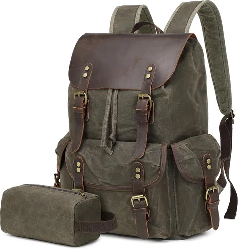 Miniatura 11 de Wogarl Mochila de lona de cuero vintage, Verde militar, Mediana, Ocio