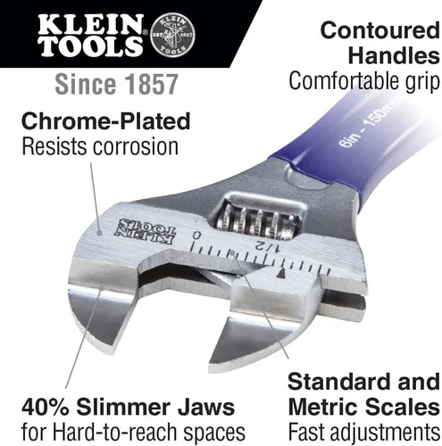 Miniatura 2 de Klein Tools D86934 Llave ajustable, forjada con mandíbula más delgada y un acabado cromado pulido, 6 pulgadas