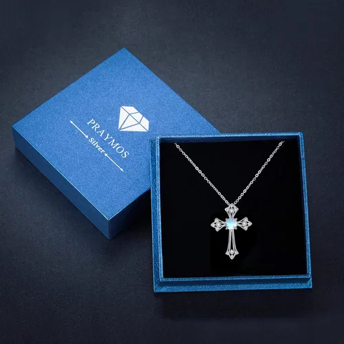 Miniatura 4 de PRAYMOS - Collar de plata de ley 925 con dije de cruz lateral, para mujer, ópalo sintético, cadena de 18 pulgadas y extensor ajustable de 2 pulgadas