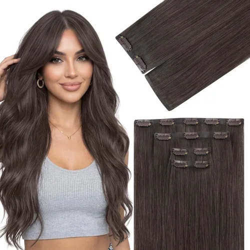 Miniatura 48 de Ve Sunny Extensiones de cabello clip-in de cabello humano real con reflejos, extensiones de cabello con clip para cabello corto, marrón oscuro