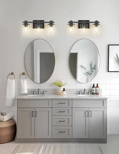 Miniatura 6 de L LOHAS LED Lámpara de baño negra de 3 luces sobre el espejo, moderna lámpara de tocador negra mate con pantalla de vidrio transparente, luces